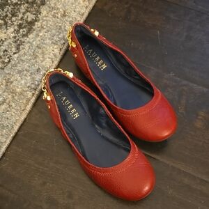 Red Leather Ralph Lauren Ballet Flat With Gold Chain Detailing